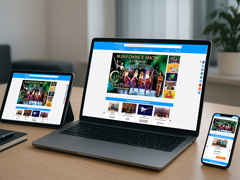 Ein Laptop, ein Tablet und ein Handy, welche die "proticket.de" Seite offen haben