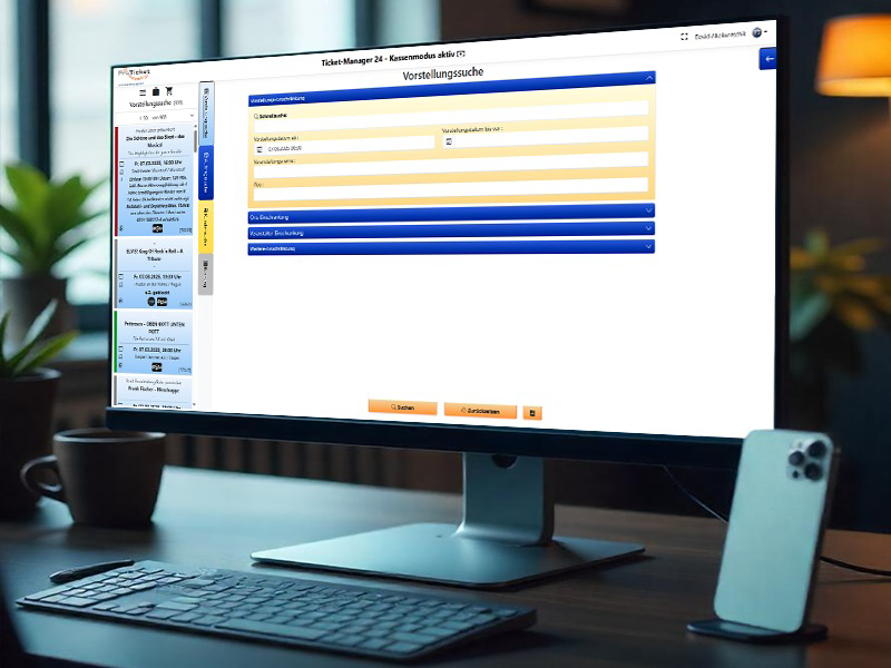 Ein Monitor, welcher den neuartigen browserbasierten Ticket-Manager geöffnet hat an einem Arbeitsplatz